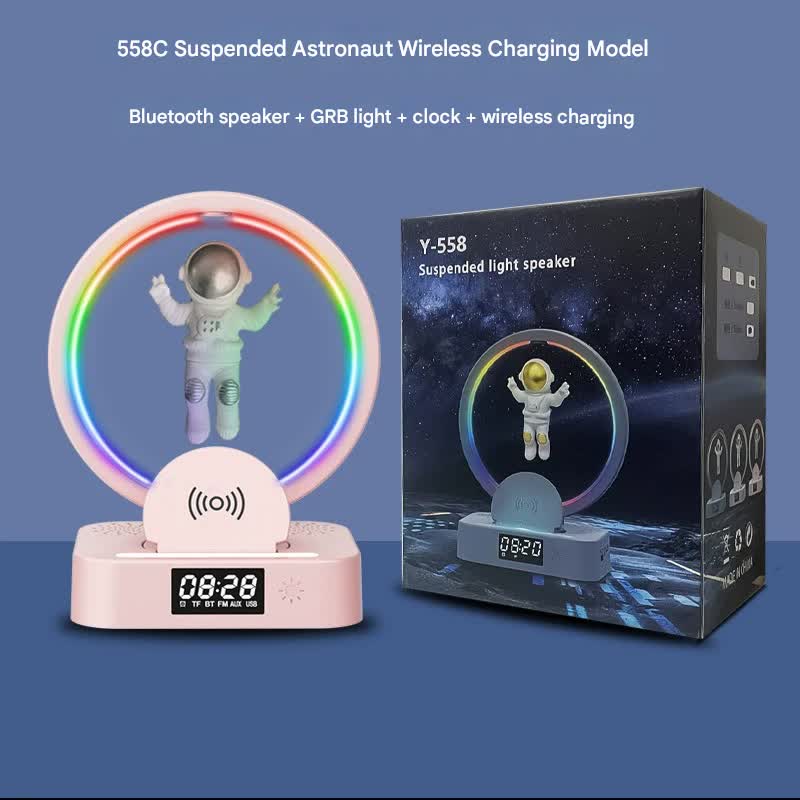 Astronaut Levitating Bluetooth Speaker Lamp - Wireless Charging, RGB Light, Clock, FM Radio & Multi-Input Pink silver