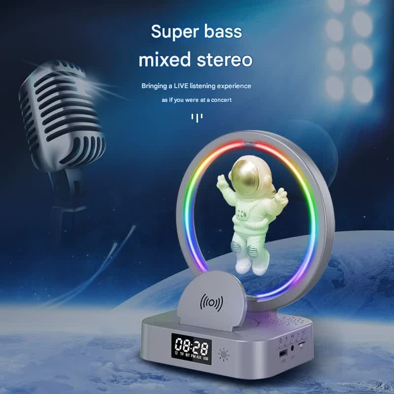 Astronaut Levitating Bluetooth Speaker Lamp - Wireless Charging, RGB Light, Clock, FM Radio & Multi-Input Pink silver