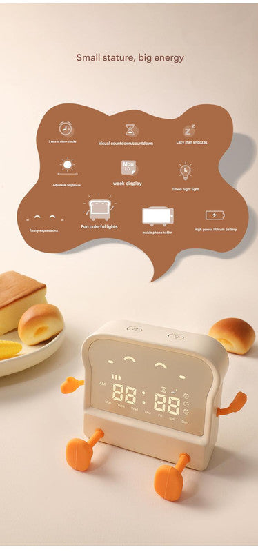 Adorable Toast-Shaped Digital Alarm Clock with Night Light & Phone Stand - Multifunctional Kids Clock milky