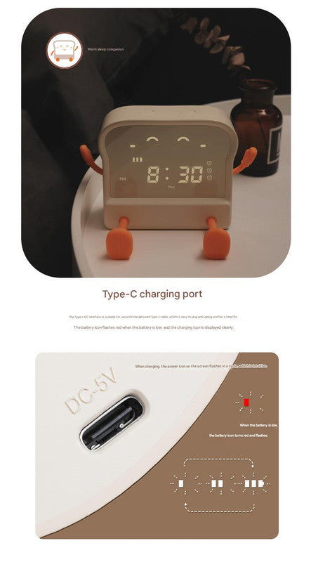 Adorable Toast-Shaped Digital Alarm Clock with Night Light & Phone Stand - Multifunctional Kids Clock brown