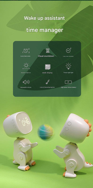 Adorable Dinosaur Alarm Clock & Visual Timer - Kids' Wake-Up Helper with Night Light & Multiple Ringtones white
