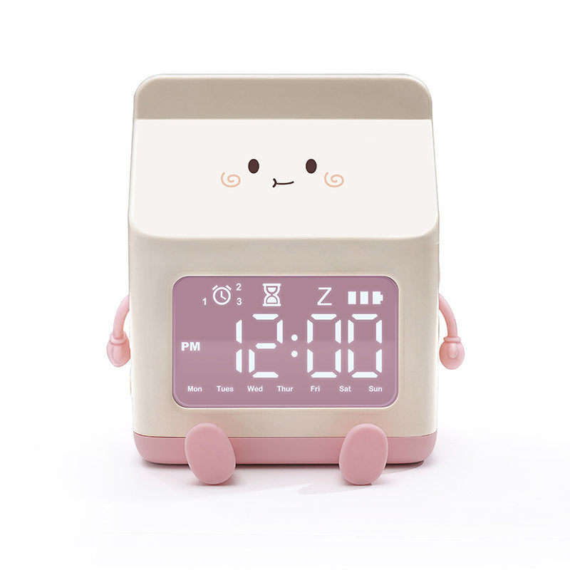 Cute Milk Carton Digital Alarm Clock with Countdown Timer & Snooze - USB-C Rechargeable white