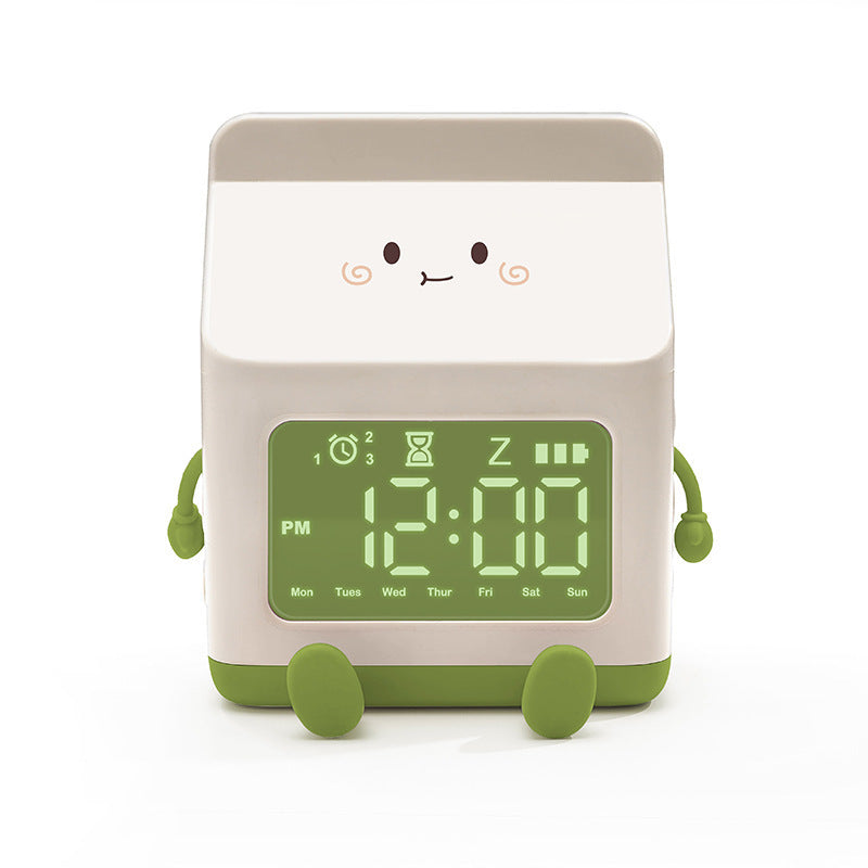 Cute Milk Carton Digital Alarm Clock with Countdown Timer & Snooze - USB-C Rechargeable Green