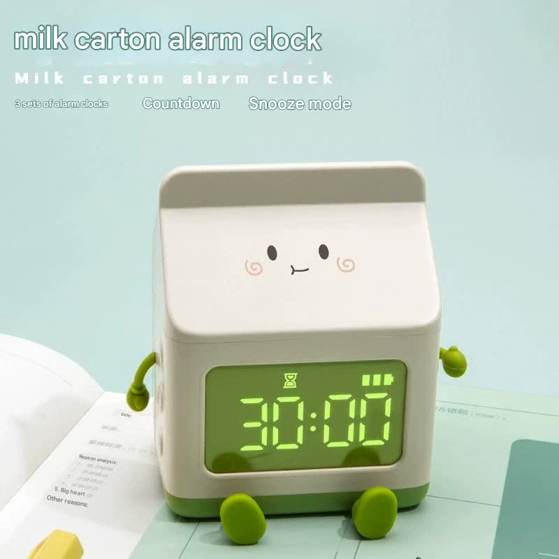 Cute Milk Carton Digital Alarm Clock with Countdown Timer & Snooze - USB-C Rechargeable Green