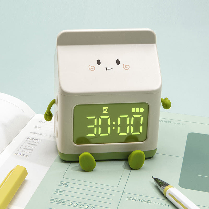 Cute Milk Carton Digital Alarm Clock with Countdown Timer & Snooze - USB-C Rechargeable Green