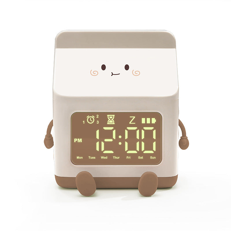 Cute Milk Carton Digital Alarm Clock with Countdown Timer & Snooze - USB-C Rechargeable Brown