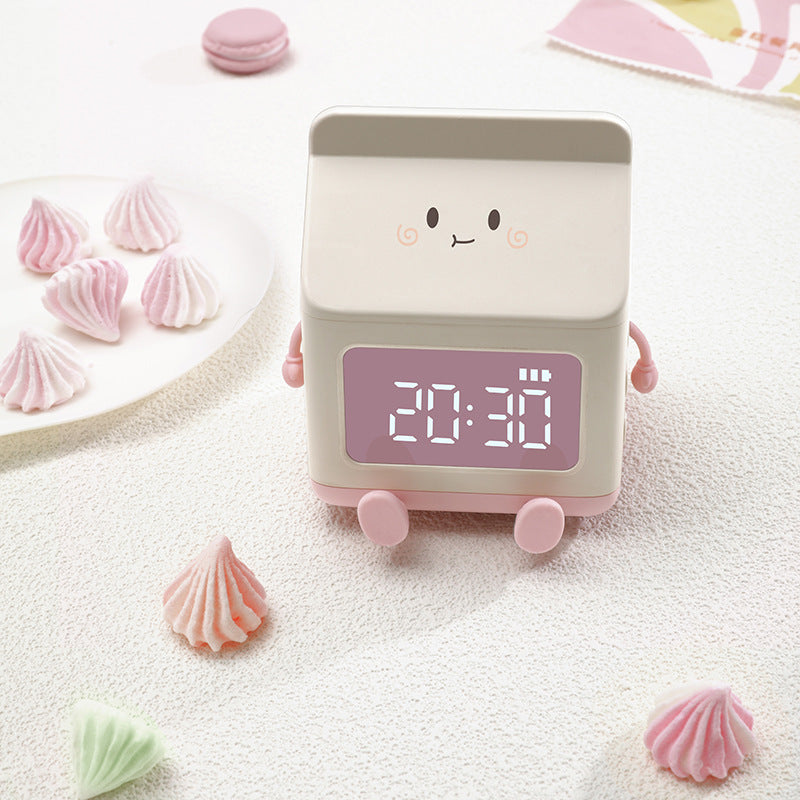 Cute Milk Carton Digital Alarm Clock with Countdown Timer & Snooze - USB-C Rechargeable Brown