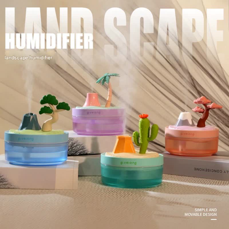 Landscape USB Humidifier with 7-Option Night Light - 320ml, Quiet Operation & Auto Shut-Off Cactus