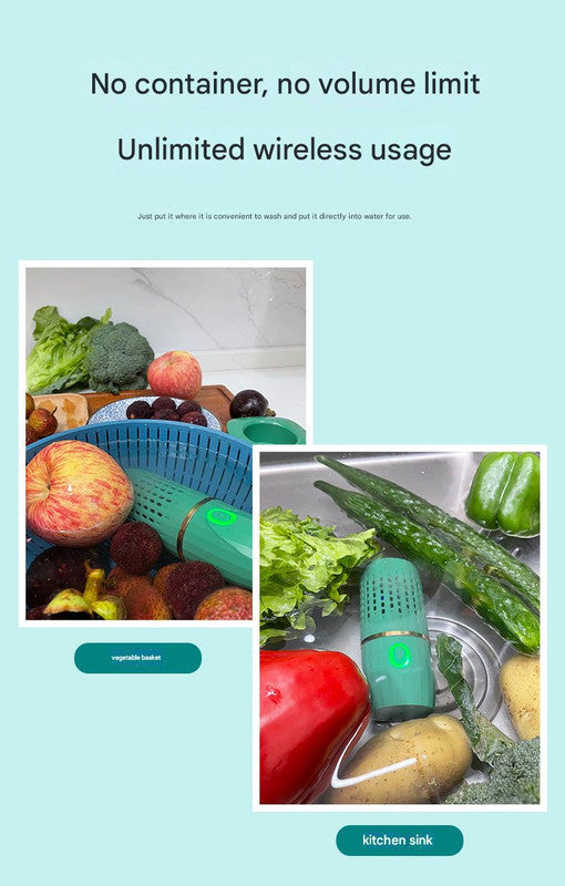 Wireless Fruit & Vegetable Purifier - Electrolytic Cleaning, Removes Residue, IPX7 Waterproof green