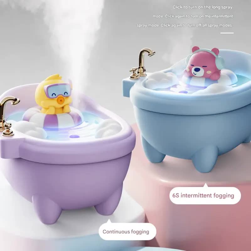 Adorable Bathtub Humidifier with Colorful Night Light - USB-C, 340ml, Auto Shut-Off Pink Rabbit