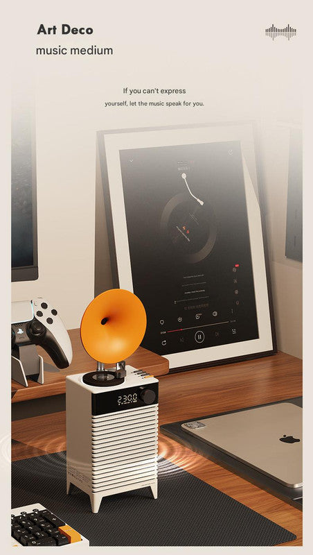 Art Deco Retro Bluetooth Speaker with Gramophone Horn & Ambient Light - Multi-Function Audio Player black