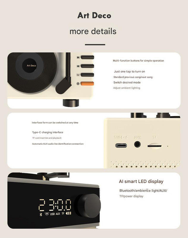 Art Deco Retro Bluetooth Speaker with Gramophone Horn & Ambient Light - Multi-Function Audio Player black