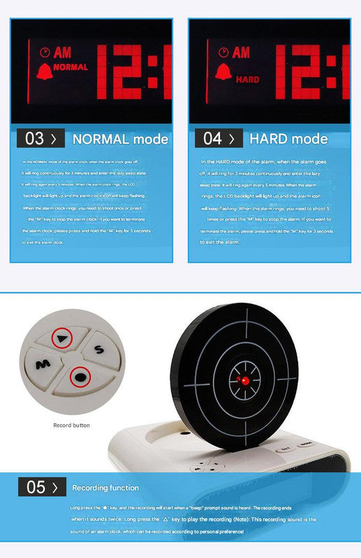 Gun Alarm Clock - Target Shooting Alarm with Infrared Gun, Recordable Alarm & Game Modes white