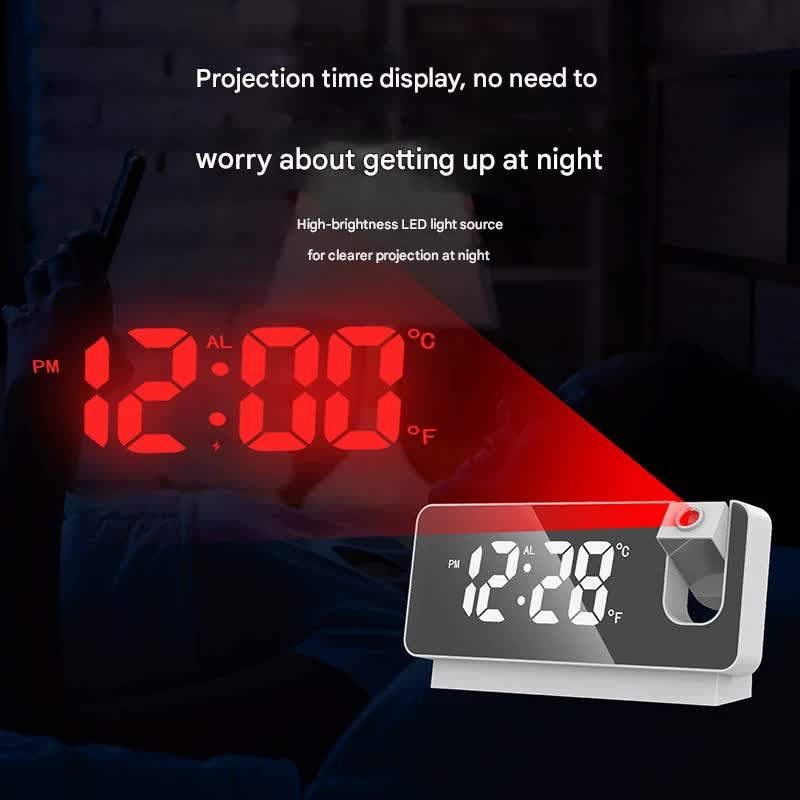 LED Digital Projection Alarm Clock - Temperature, Date, Snooze & 180 Adjustable Projector White shell white light