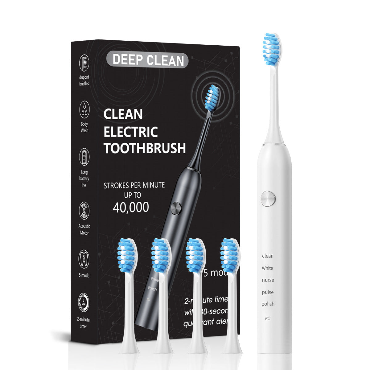 Professional Sonic Electric Toothbrush - 5 Modes, 40000 VPM, 180-Day Battery, IPX7 Waterproof with 4 Brush Heads white