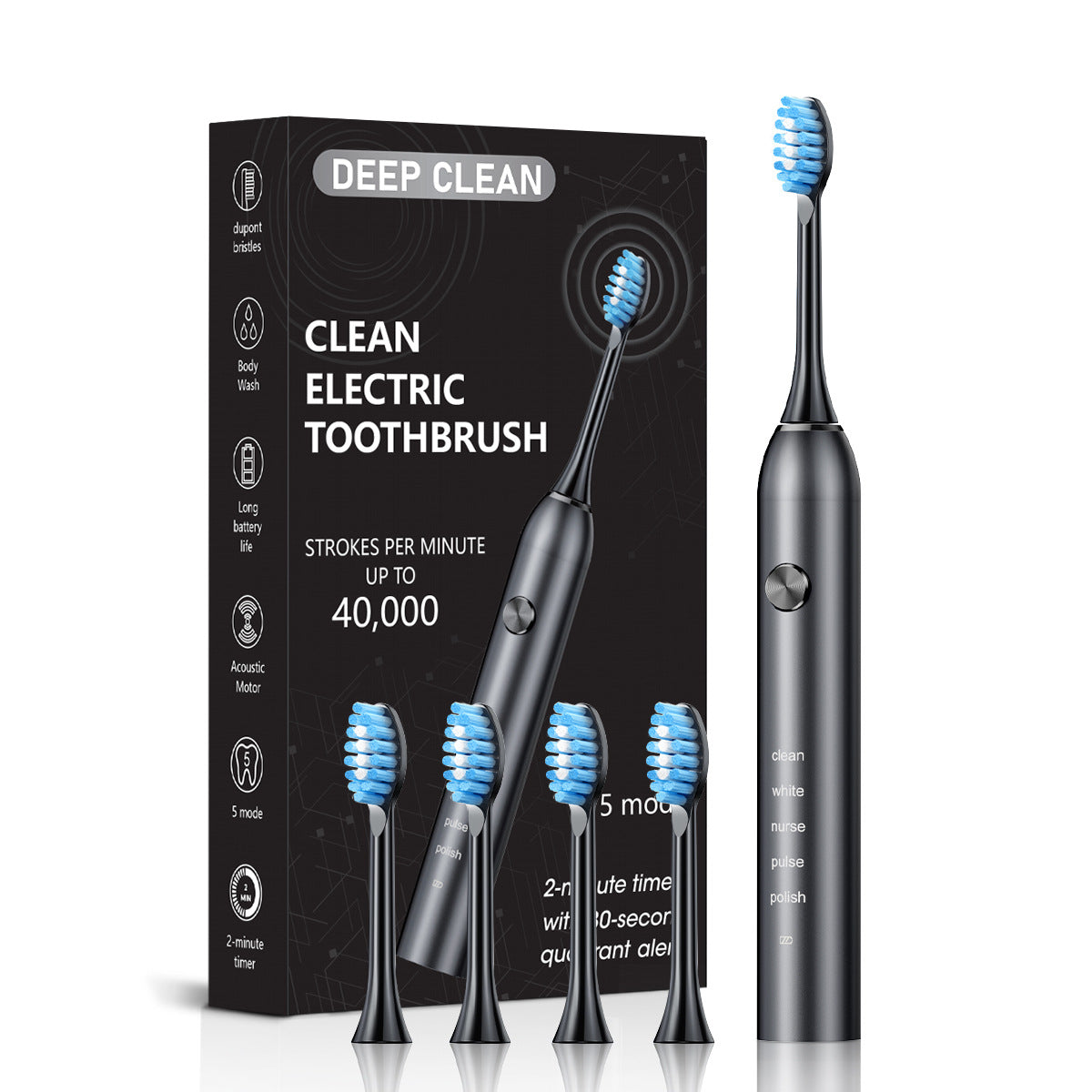 Professional Sonic Electric Toothbrush - 5 Modes, 40000 VPM, 180-Day Battery, IPX7 Waterproof with 4 Brush Heads black