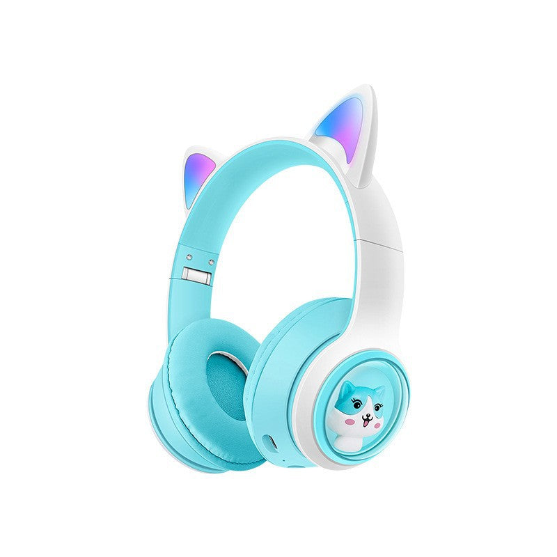 Cute Cat Ear Wireless Headphones - BT5.3, LED Lights, TF Card Slot, Soft Protein Padding Blue