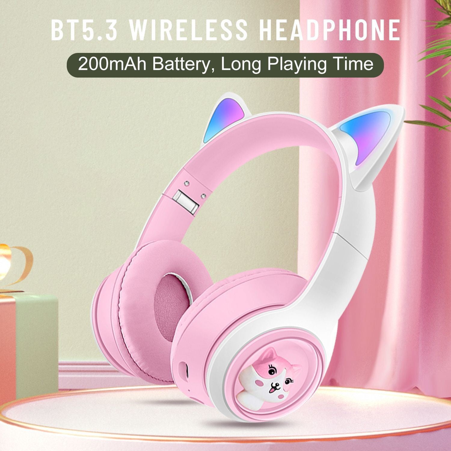 Cute Cat Ear Wireless Headphones - BT5.3, LED Lights, TF Card Slot, Soft Protein Padding Blue