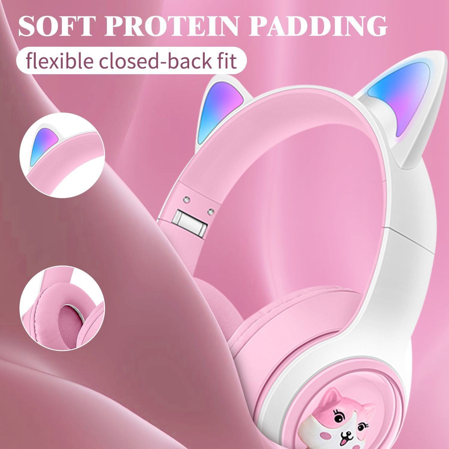 Cute Cat Ear Wireless Headphones - BT5.3, LED Lights, TF Card Slot, Soft Protein Padding Blue