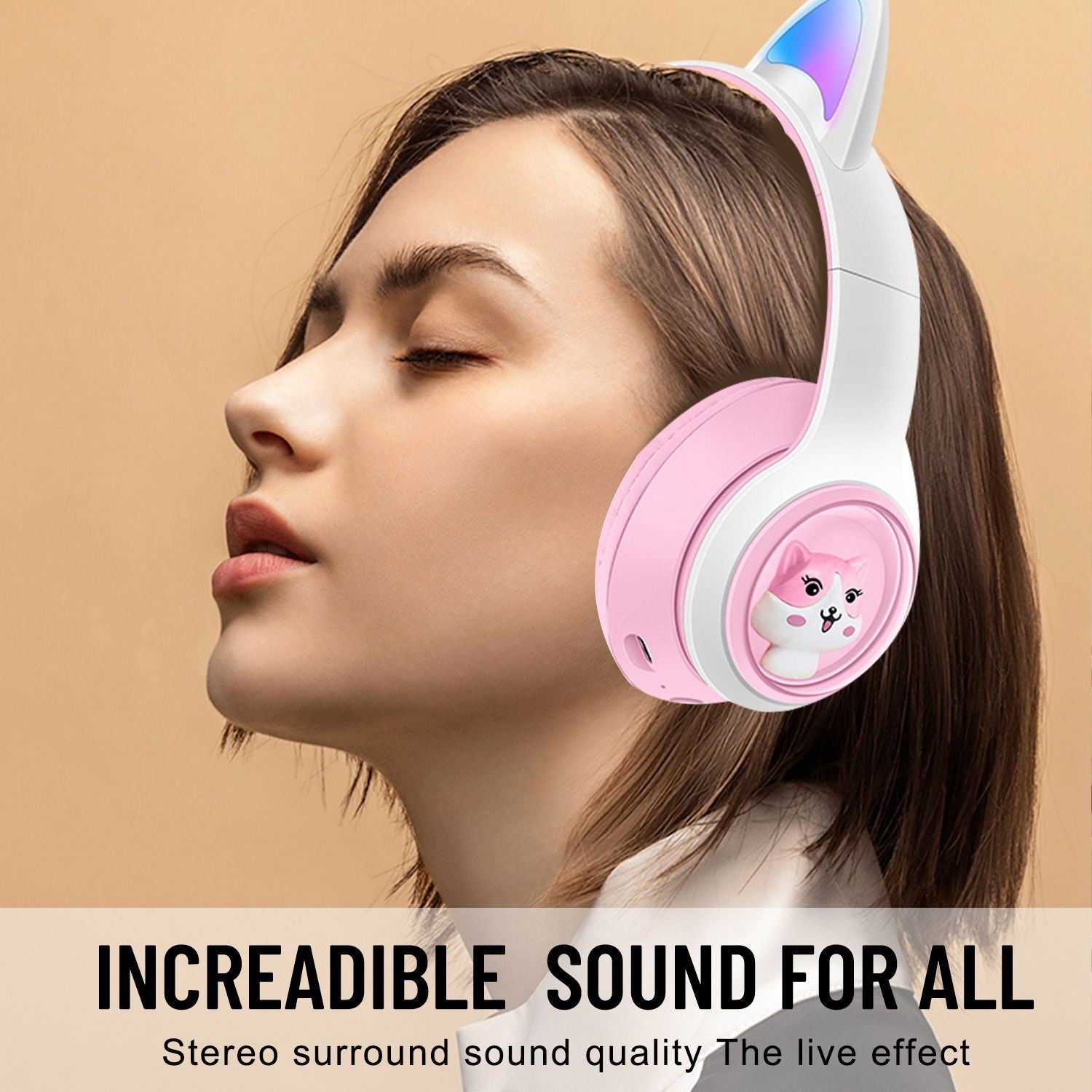 Cute Cat Ear Wireless Headphones - BT5.3, LED Lights, TF Card Slot, Soft Protein Padding Blue