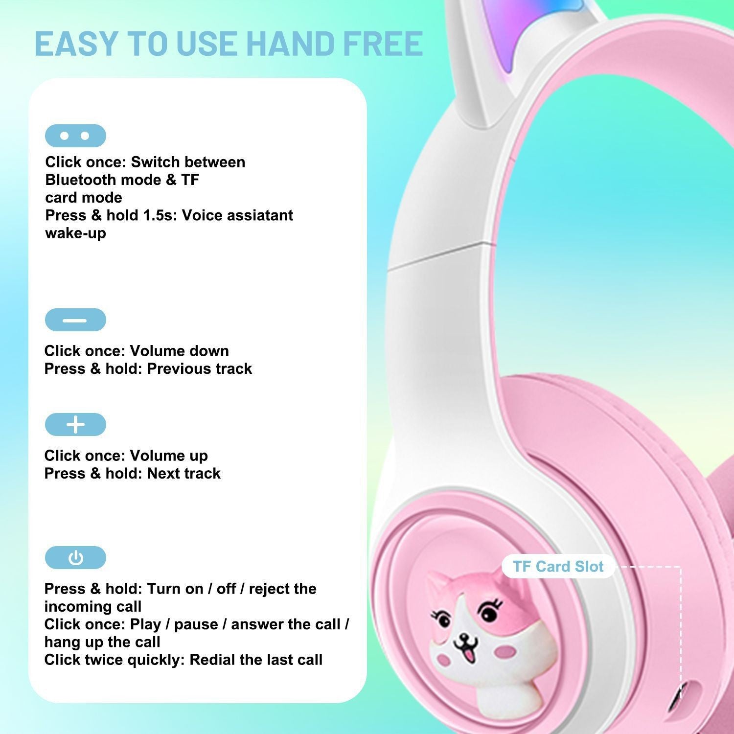 Cute Cat Ear Wireless Headphones - BT5.3, LED Lights, TF Card Slot, Soft Protein Padding Blue