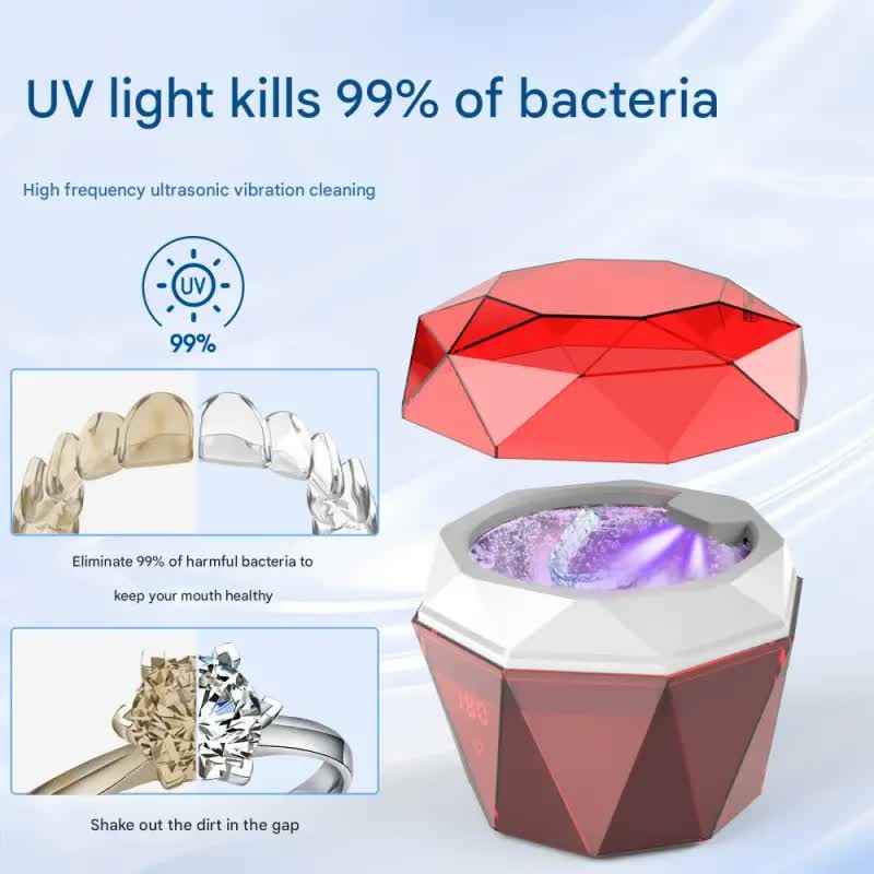 Portable Ultrasonic Cleaner with UV Sterilization - 45kHz, 2 Modes, 180ml, 4000mAh Rechargeable Claret