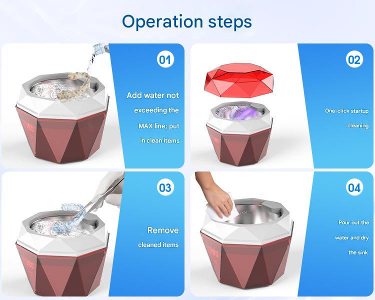 Portable Ultrasonic Cleaner with UV Sterilization - 45kHz, 2 Modes, 180ml, 4000mAh Rechargeable Claret