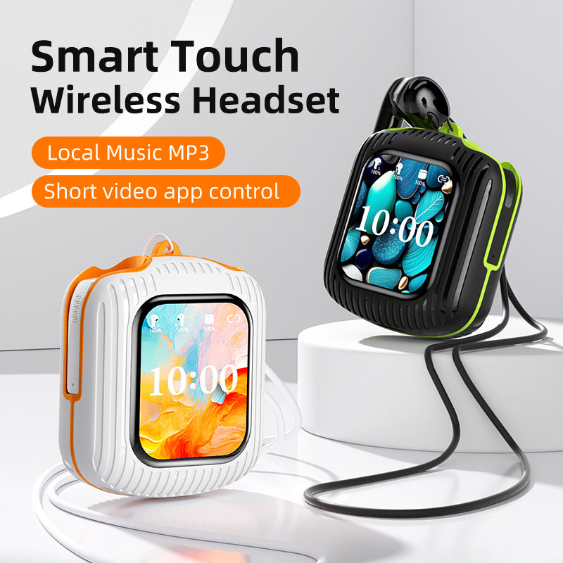 Smart Touch Wireless Headset with MP3 Player & Display - Caller ID, App Control, ENC Noise Reduction Black green