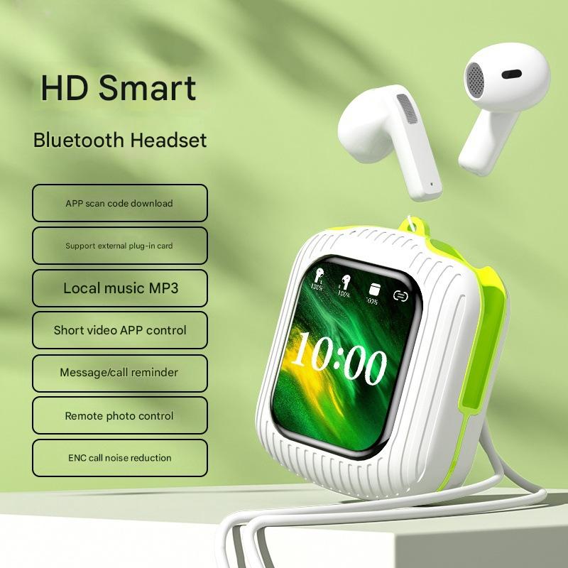 Smart Touch Wireless Headset with MP3 Player & Display - Caller ID, App Control, ENC Noise Reduction White green