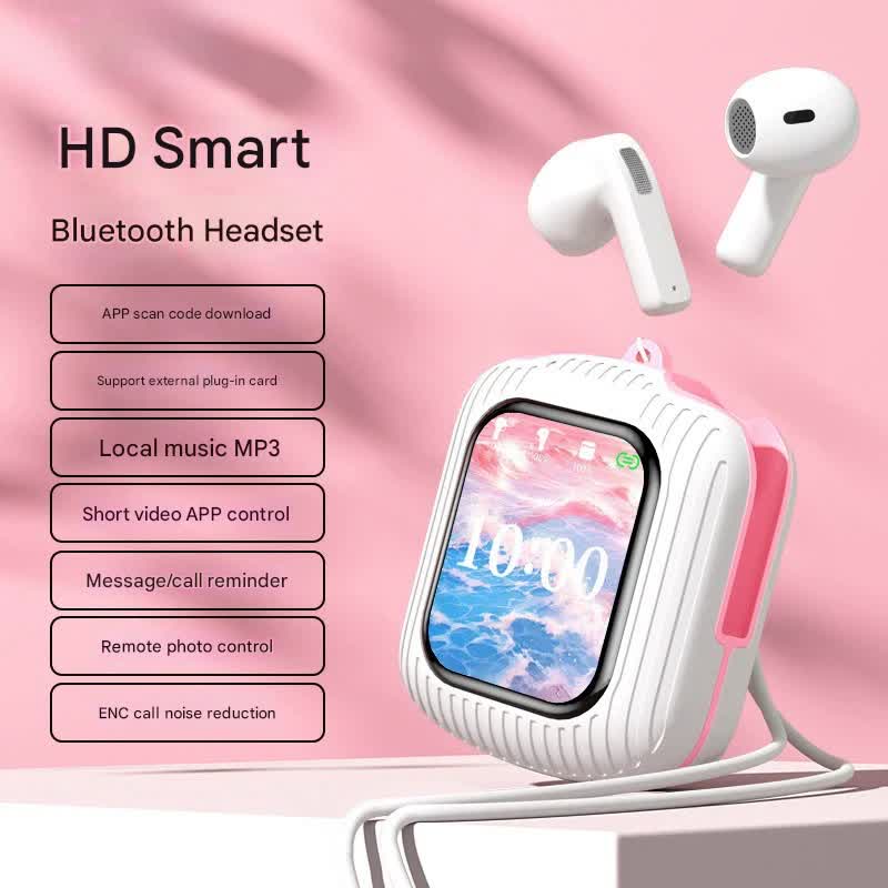 Smart Touch Wireless Headset with MP3 Player & Display - Caller ID, App Control, ENC Noise Reduction White pink