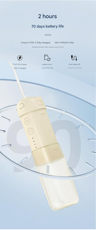 Portable Water Flosser - 70-Day Battery, 4 Modes, 5 Nozzles, IPX7 Waterproof, 200ml Telescopic Tank white
