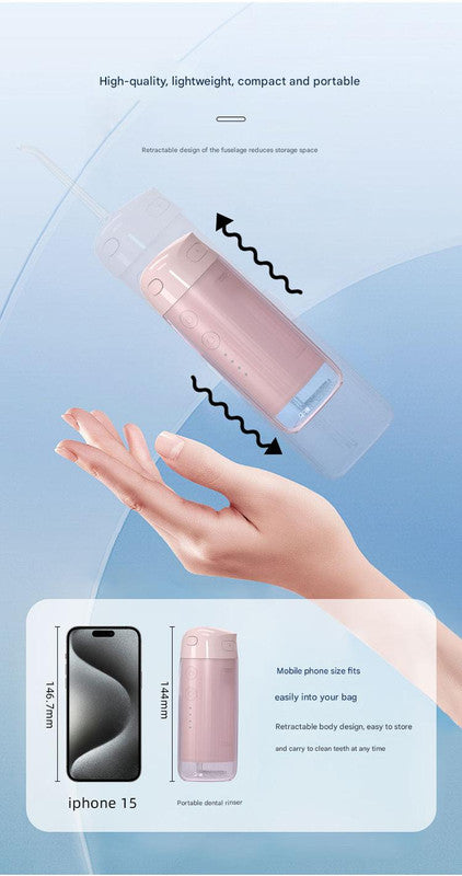 Portable Water Flosser - 70-Day Battery, 4 Modes, 5 Nozzles, IPX7 Waterproof, 200ml Telescopic Tank Pink