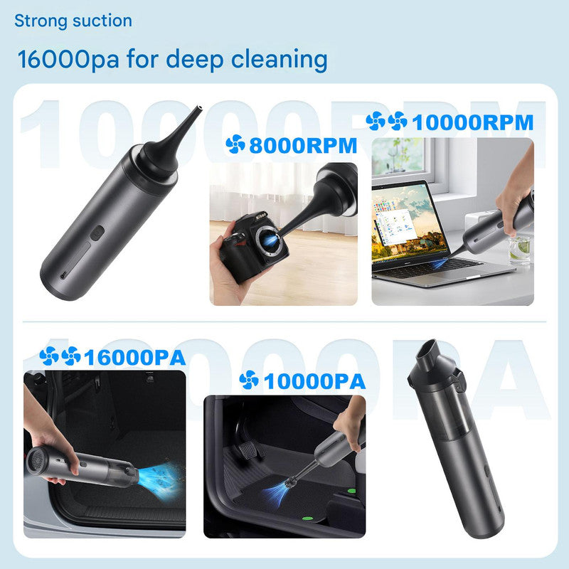 Portable Cordless Handheld Vacuum Cleaner - 16000Pa Suction, 3x2000mAh Battery, Multiple Attachments Gold
