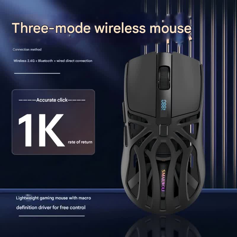 Tri-Mode Wireless Gaming Mouse - 1KHz Polling, 10000 DPI, Digital Display, Lightweight 73g grey