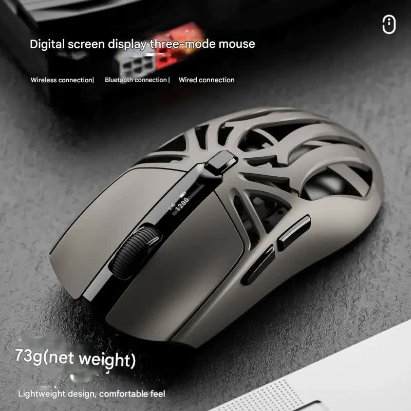 Tri-Mode Wireless Gaming Mouse - 1KHz Polling, 10000 DPI, Digital Display, Lightweight 73g grey