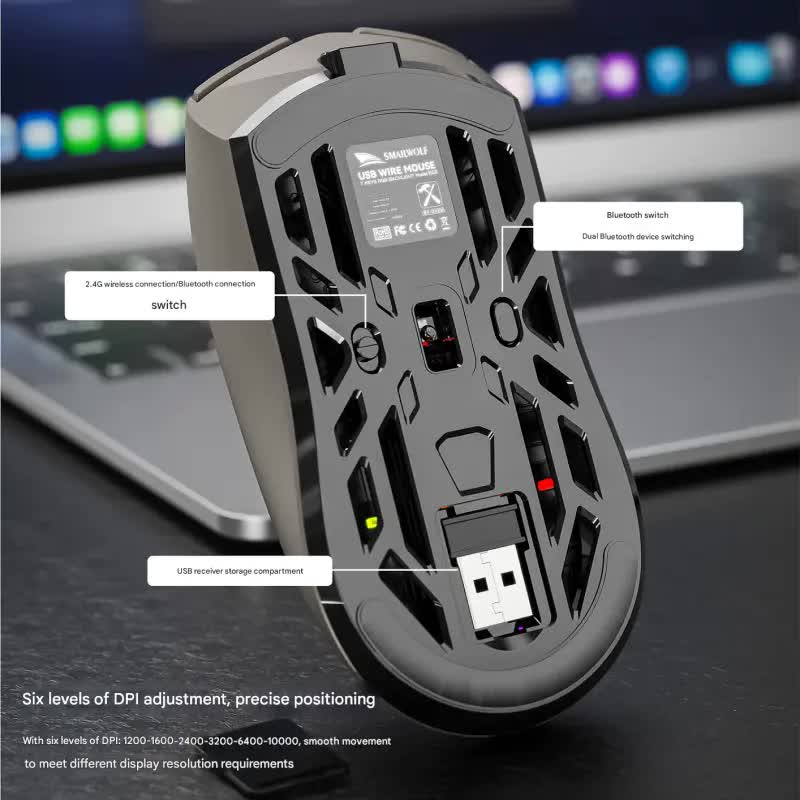 Tri-Mode Wireless Gaming Mouse - 1KHz Polling, 10000 DPI, Digital Display, Lightweight 73g grey