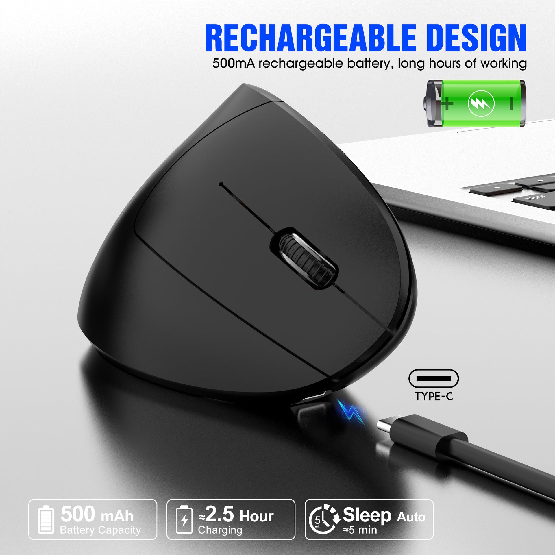 Ergonomic Vertical Wireless Mouse - 2.4G/Bluetooth, Rechargeable, RGB Light, 4 DPI Levels white