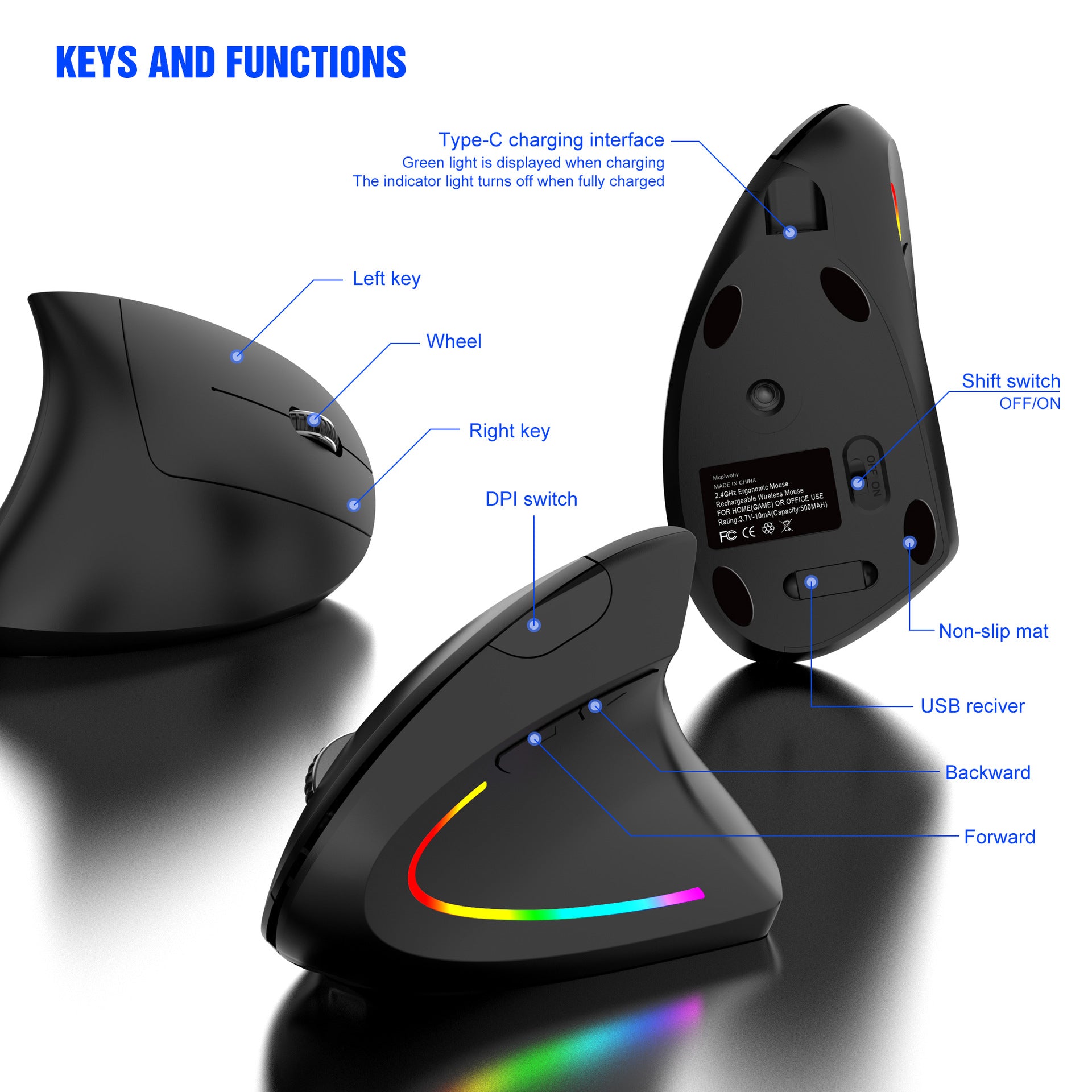 Ergonomic Vertical Wireless Mouse - 2.4G/Bluetooth, Rechargeable, RGB Light, 4 DPI Levels pink