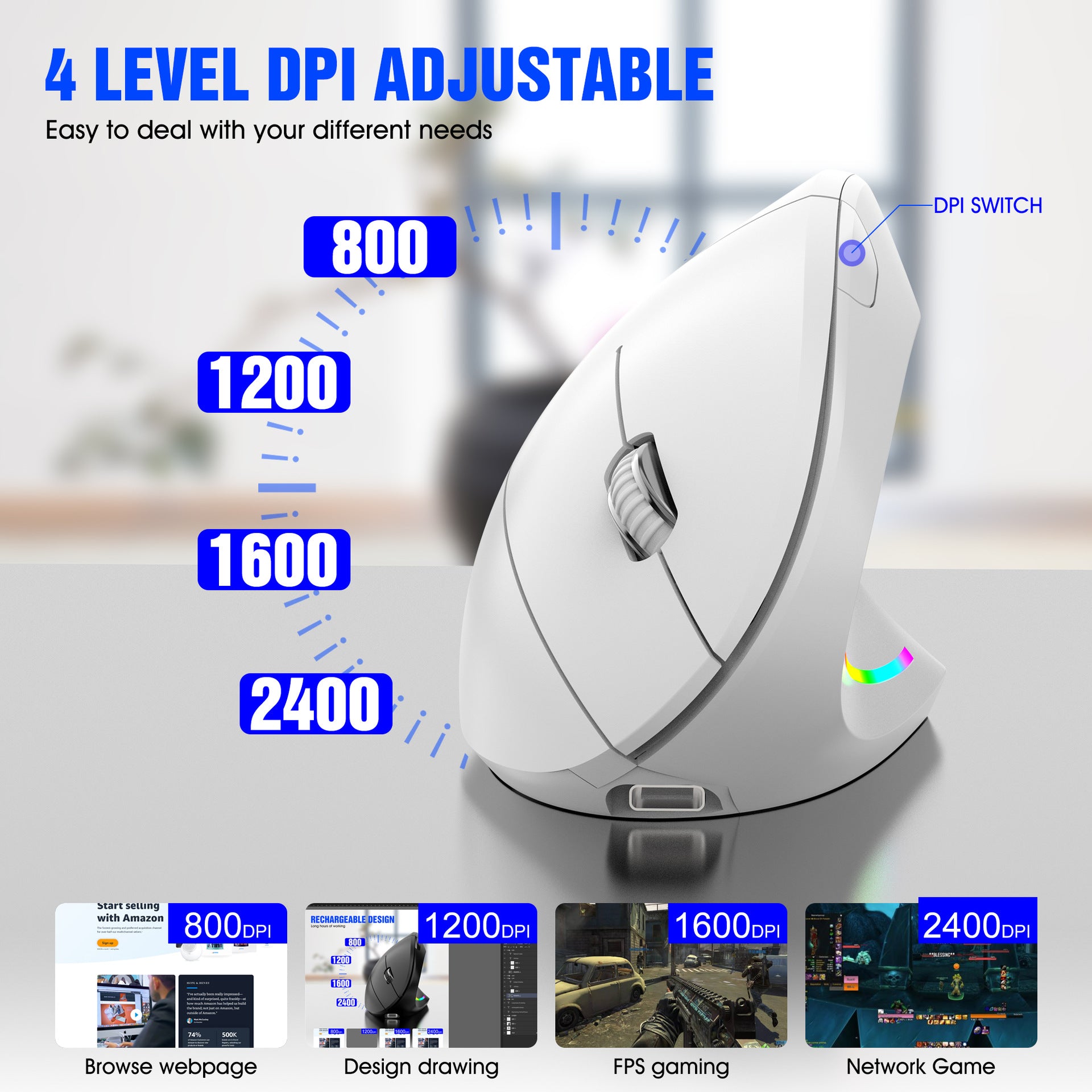 Ergonomic Vertical Wireless Mouse - 2.4G/Bluetooth, Rechargeable, RGB Light, 4 DPI Levels pink