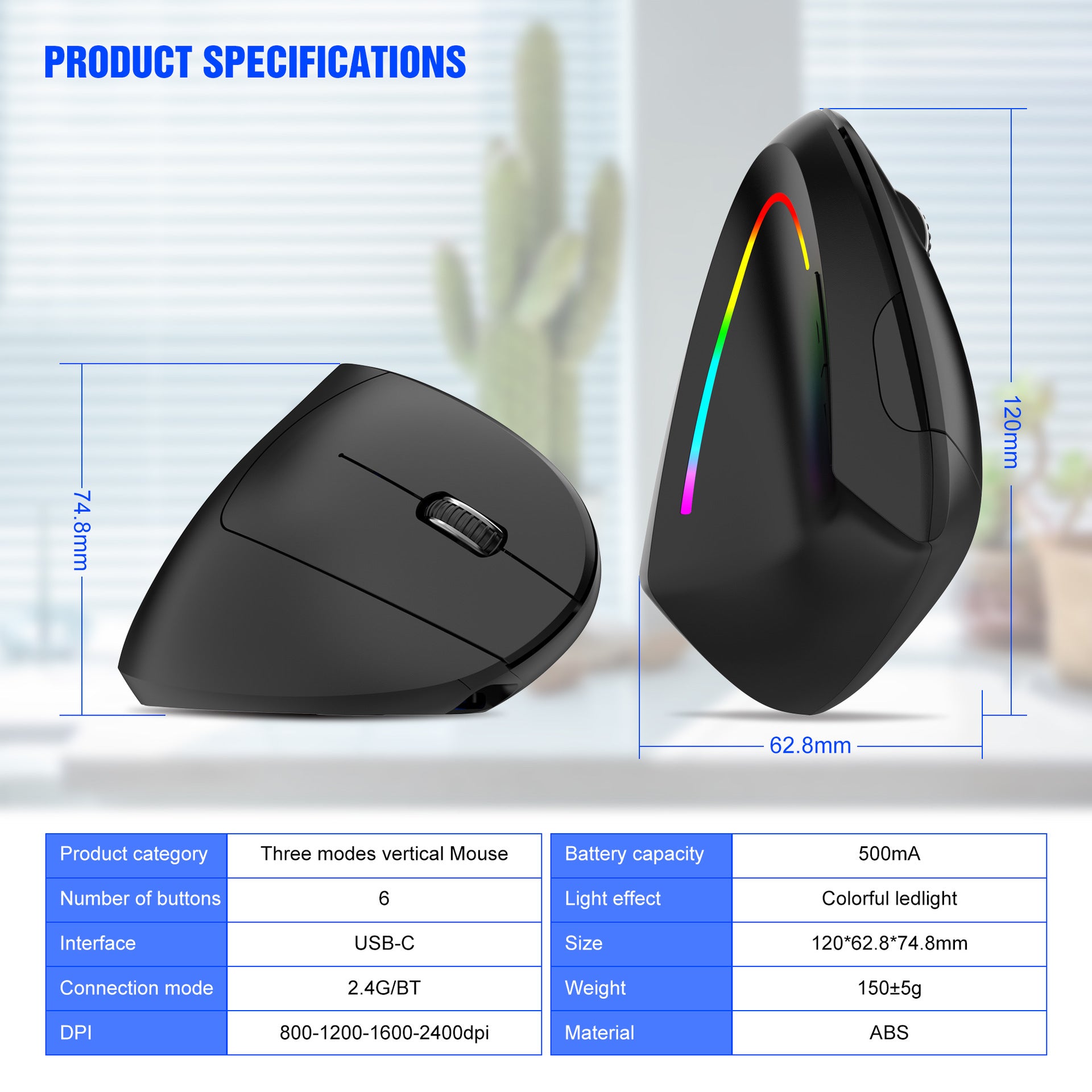 Ergonomic Vertical Wireless Mouse - 2.4G/Bluetooth, Rechargeable, RGB Light, 4 DPI Levels pink