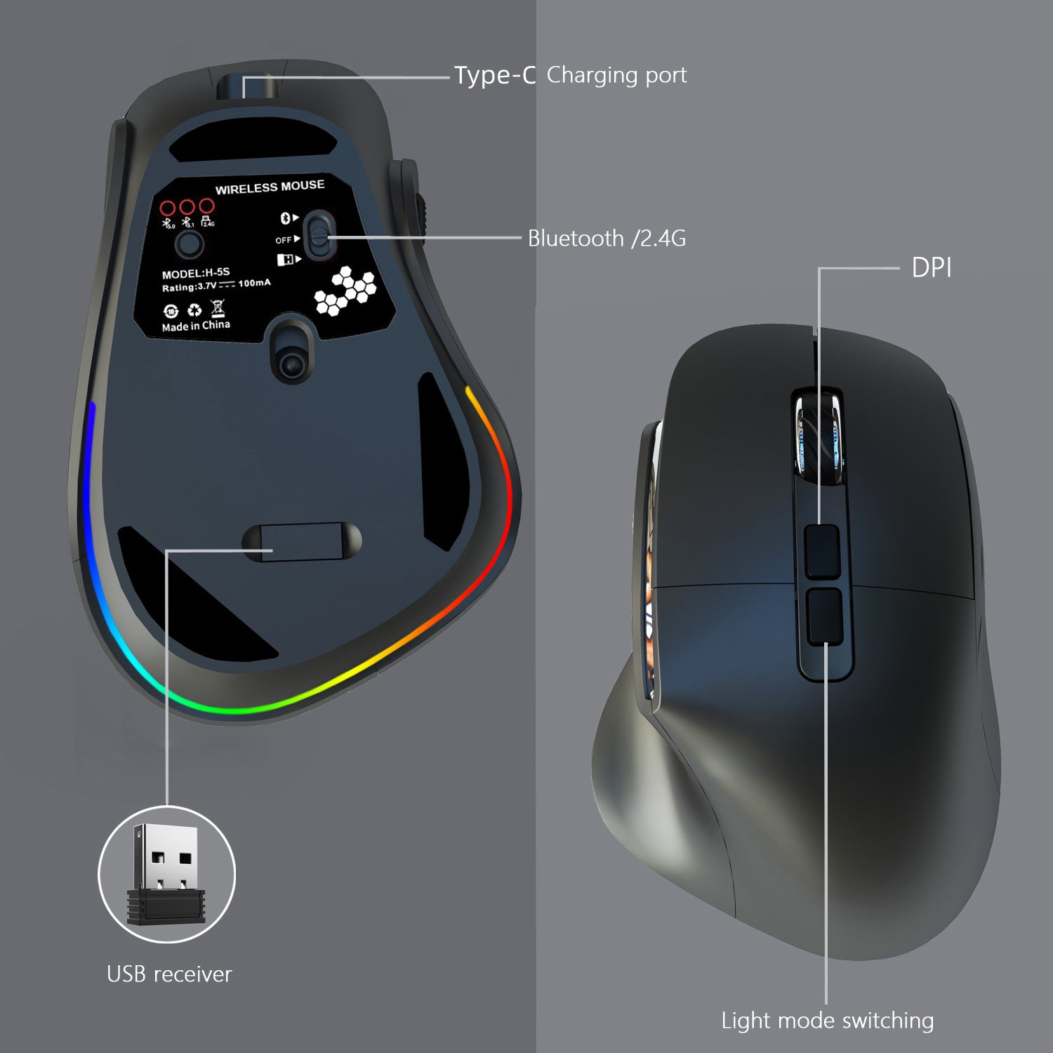 Ergonomic Vertical Wireless Mouse - Dual Mode 2.4G + Bluetooth , RGB Light, Rechargeable 500mAh Battery Blue