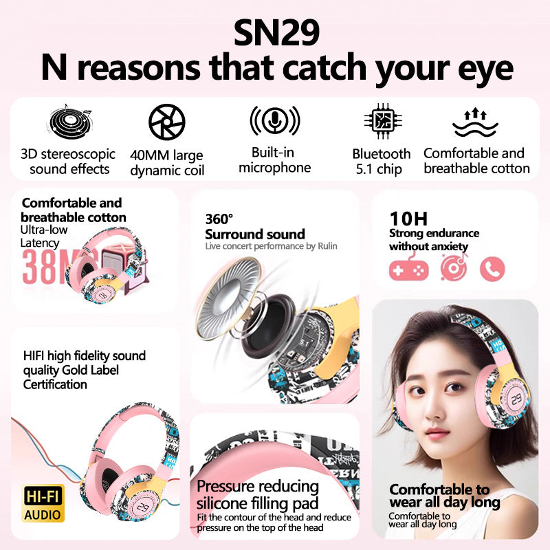 Trendy Graffiti Wireless Over-Ear Headphones - Bluetooth 5.1, HIFI 360 Surround Sound, 12H Playtime, Low Latency pink