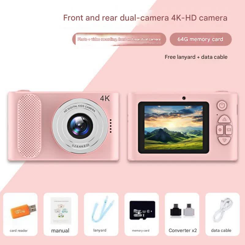 Ultra HD 4K Dual Lens Digital Camera - 44MP, 4X Zoom, 2.4" Screen, Complete with 64GB Card pink