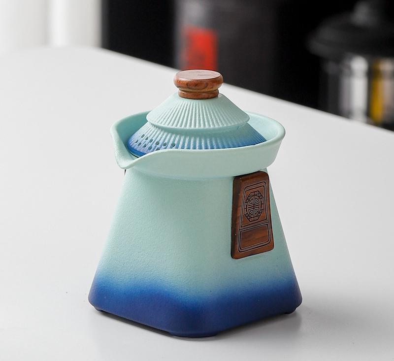Artisan Ceramic Tea Pot with Built-in Strainer - 280ml, Gradient Finish & Wooden Accents Blue+green
