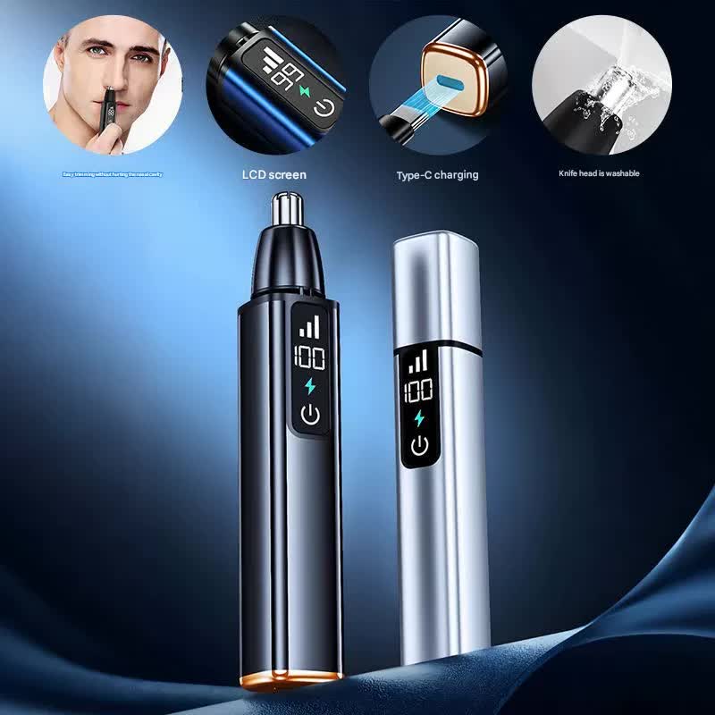 Rechargeable Electric Nose & Ear Hair Trimmer with Eyebrow Attachment - LCD Display, Washable Head, Type-C Charging blue