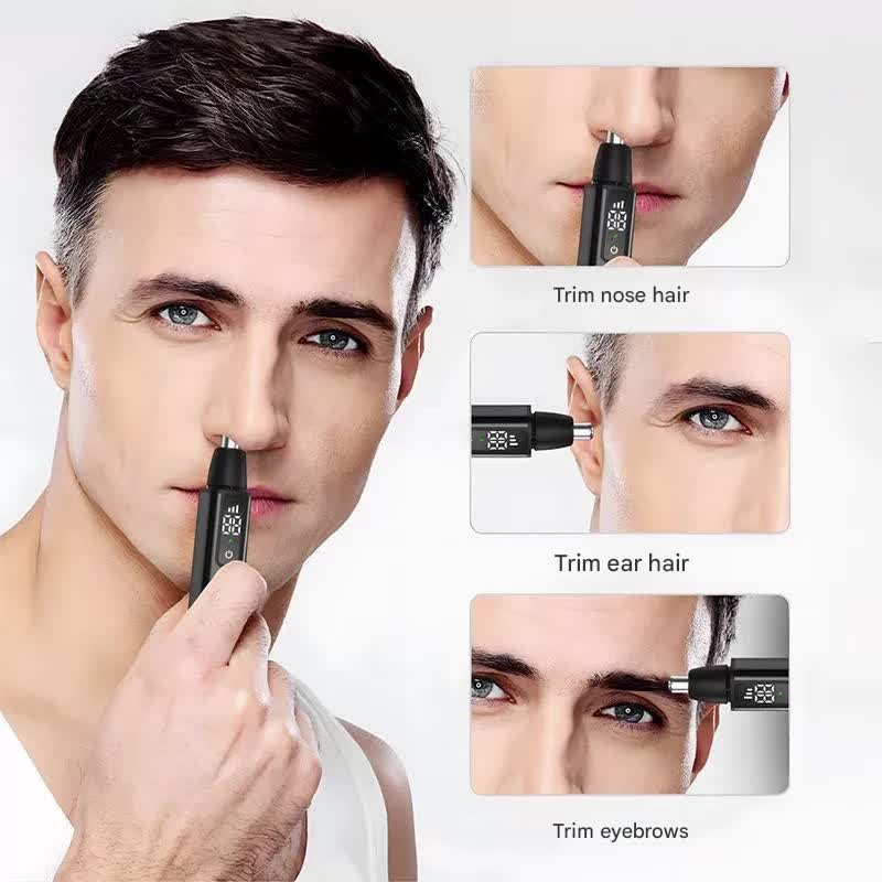 Rechargeable Electric Nose & Ear Hair Trimmer with Eyebrow Attachment - LCD Display, Washable Head, Type-C Charging blue