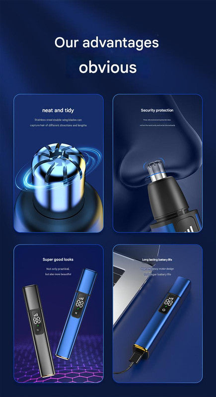 Rechargeable Electric Nose & Ear Hair Trimmer with Eyebrow Attachment - LCD Display, Washable Head, Type-C Charging blue
