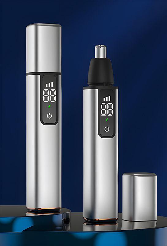 Rechargeable Electric Nose & Ear Hair Trimmer with Eyebrow Attachment - LCD Display, Washable Head, Type-C Charging Silver