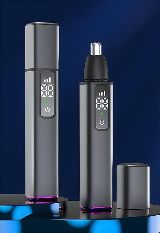 Rechargeable Electric Nose & Ear Hair Trimmer with Eyebrow Attachment - LCD Display, Washable Head, Type-C Charging Gray