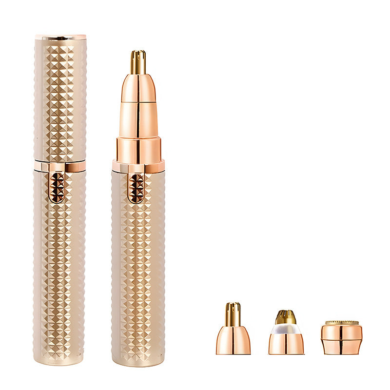 3-in-1 Rechargeable Electric Trimmer for Women - Nose, Eyebrow & Facial Hair Remover with Washable Heads & LED Light Gold